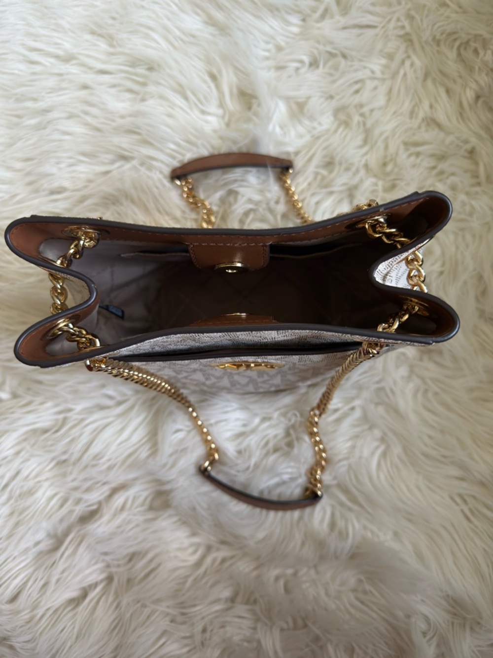 Michael Kors Cream and Brown Monogram Chain Shoulder Bag - Picture 2 of 3